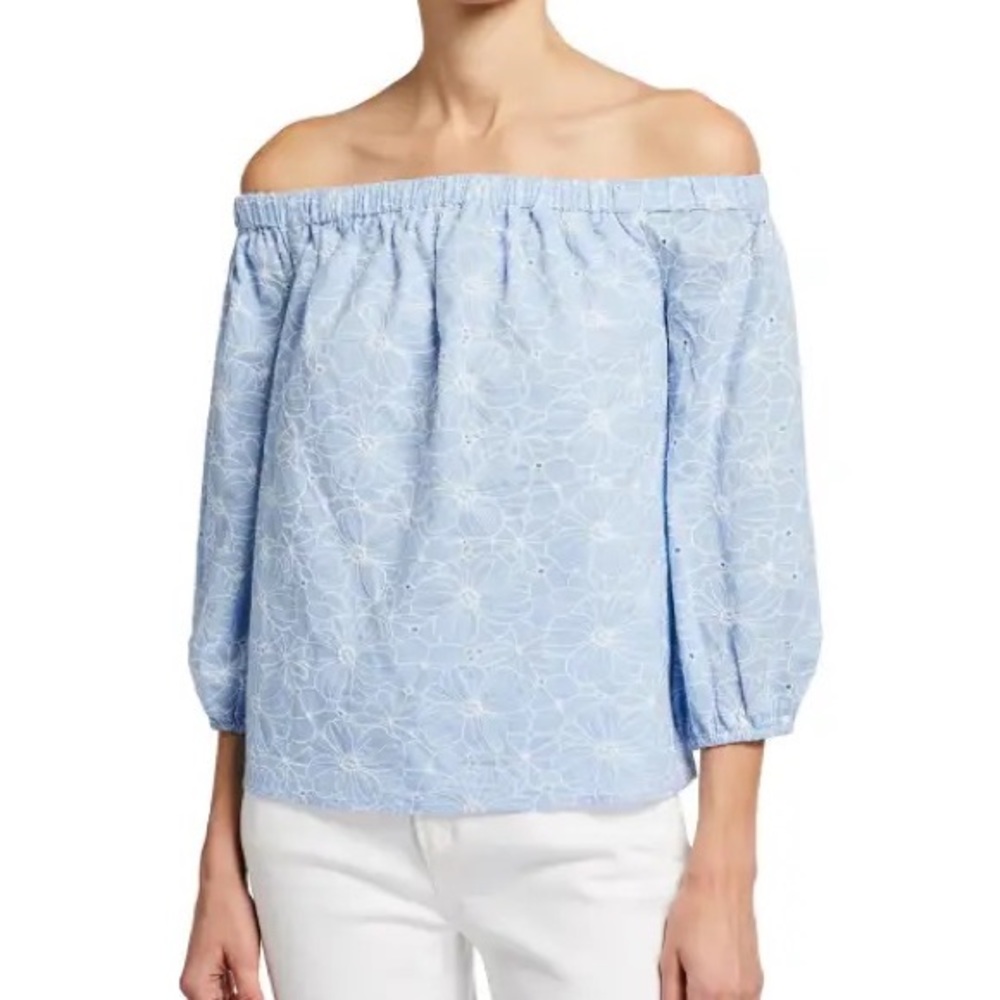 Milly | off the shoulder Blue and while floral embroidered top medium